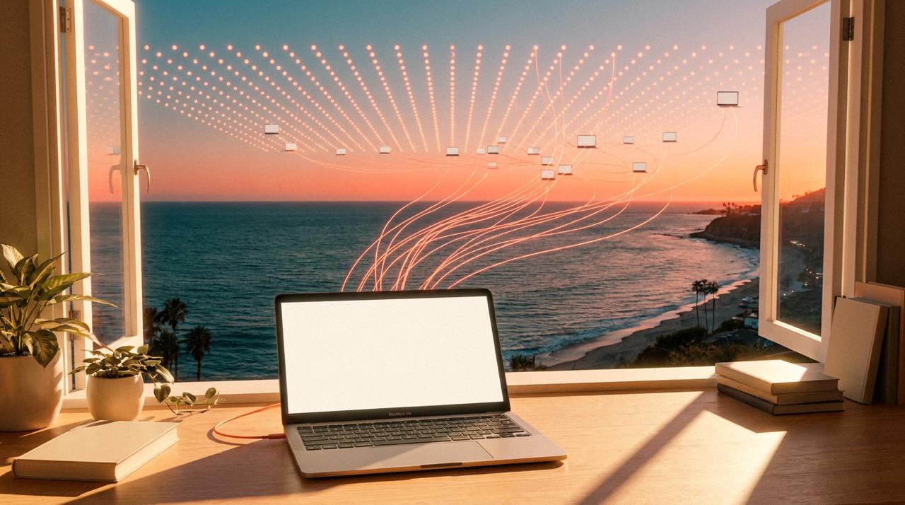 A MacBook on a warm-lit desk overlooking the Malibu coast at sunset, with a glowing coral seal and signature line drawn across the screen as a signed cryptographic receipt.